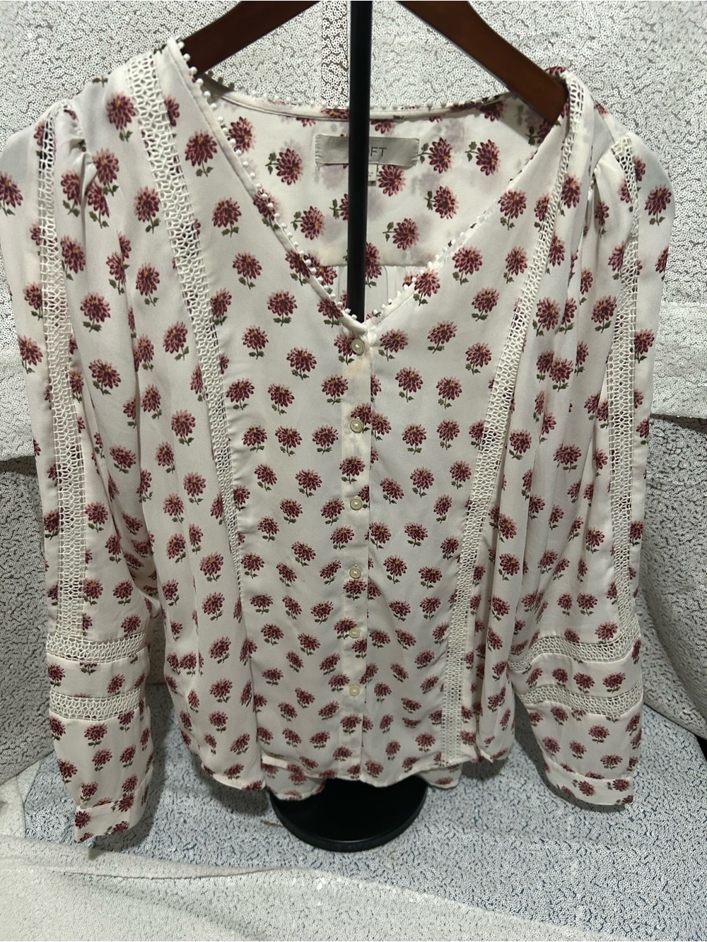 LOFT Cream Blouse with Red Floral Print